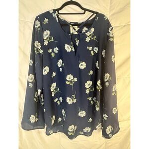 Haute Project Los Angeles Navy Floral Print V Neck‎ Long Sleeve Blouse XL
